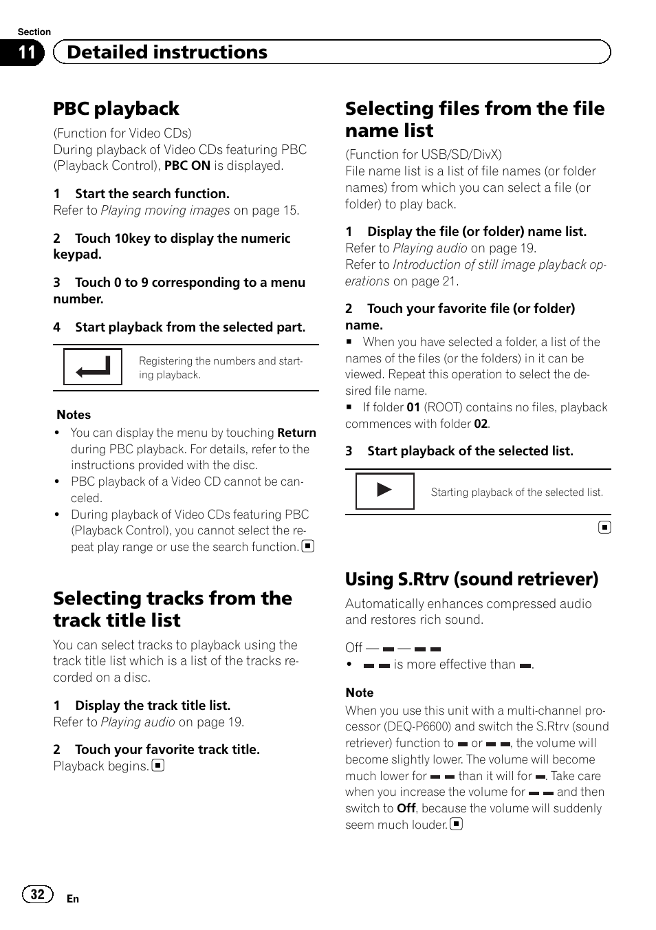 Pbc playback, Selecting tracks from the track title list, Selecting files from the file name list | Using s.rtrv (sound retriever), 11 detailed instructions | Pioneer AVH-P6300BT User Manual | Page 32 / 104