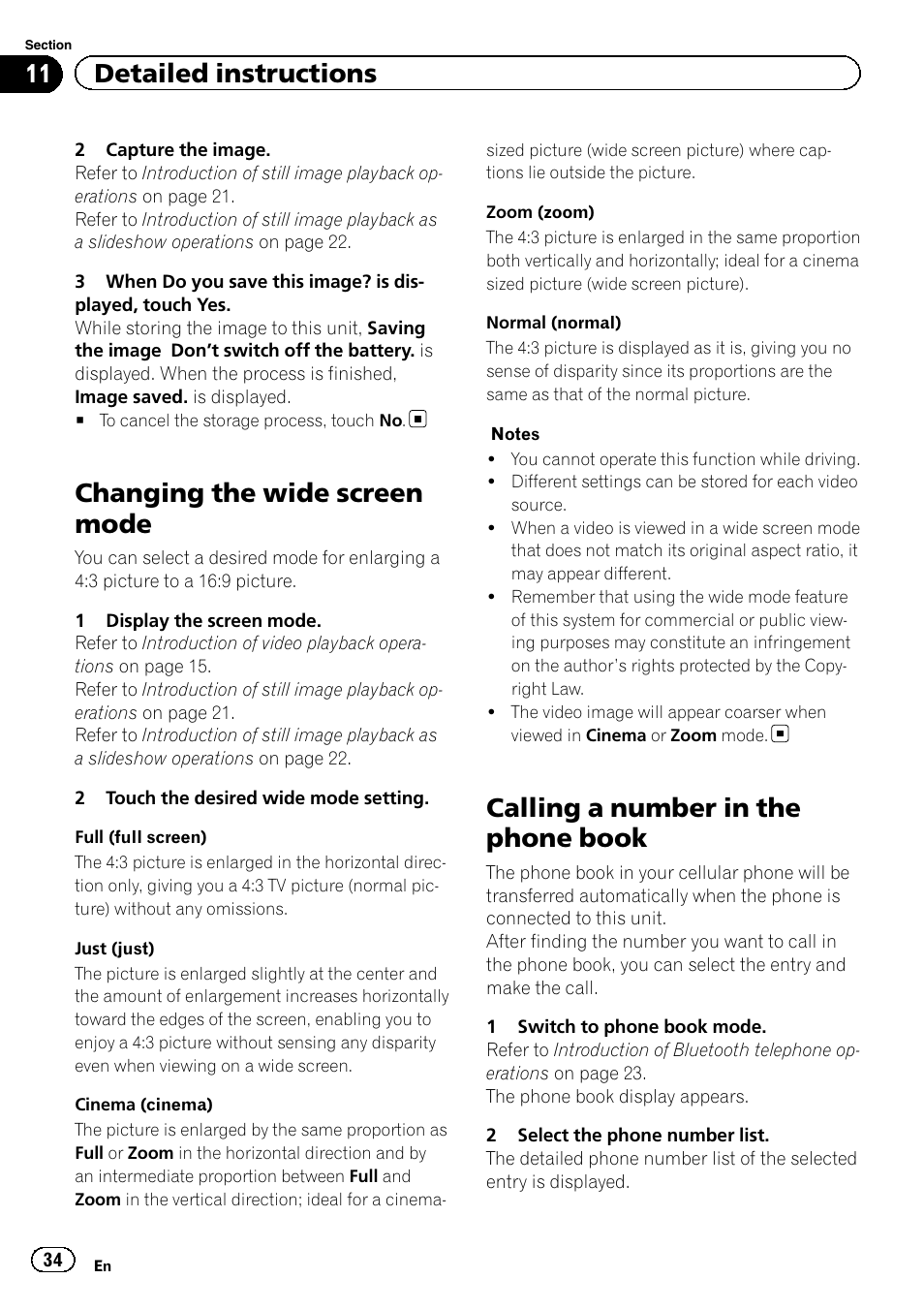 Changing the wide screen mode, Calling a number in the phone book, 11 detailed instructions | Pioneer AVH-P6300BT User Manual | Page 34 / 104