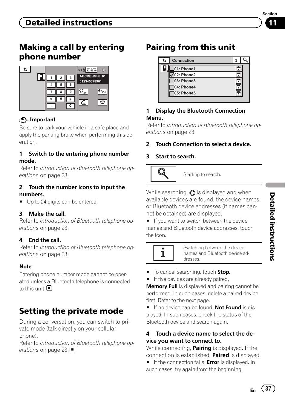 Making a call by entering phone number, Setting the private mode, Pairing from this unit | Detailed instructions | Pioneer AVH-P6300BT User Manual | Page 37 / 104