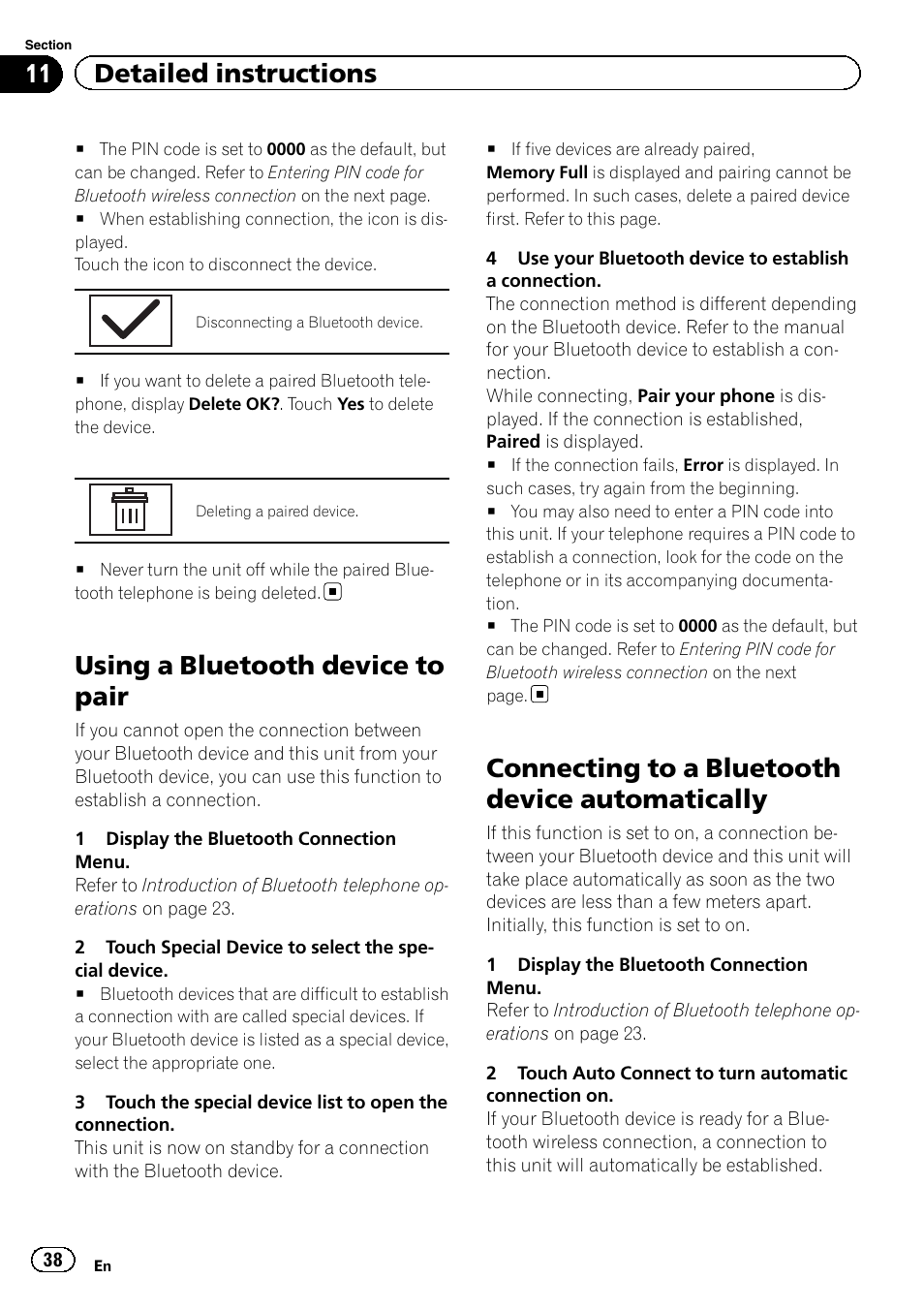 Using a bluetooth device to pair, Connecting to a bluetooth device, Automatically | Connecting to a bluetooth device automatically, 11 detailed instructions | Pioneer AVH-P6300BT User Manual | Page 38 / 104