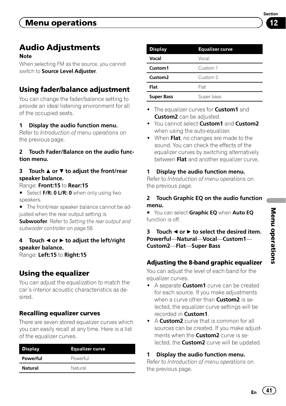 Audio adjustments, Menu operations, Using fader/balance adjustment | Using the equalizer | Pioneer AVH-P6300BT User Manual | Page 41 / 104