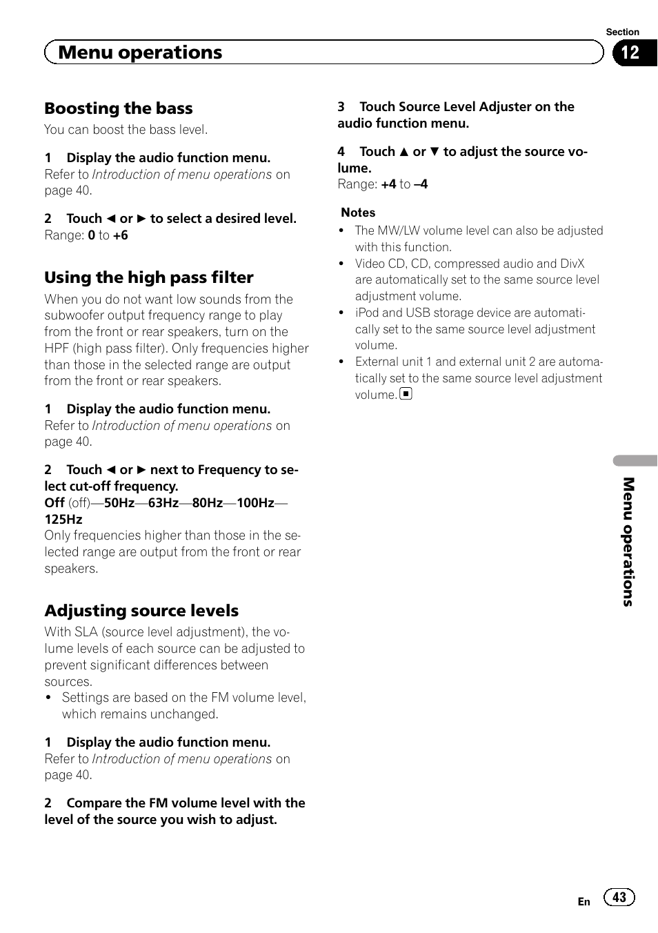 Menu operations, Boosting the bass, Using the high pass filter | Adjusting source levels | Pioneer AVH-P6300BT User Manual | Page 43 / 104