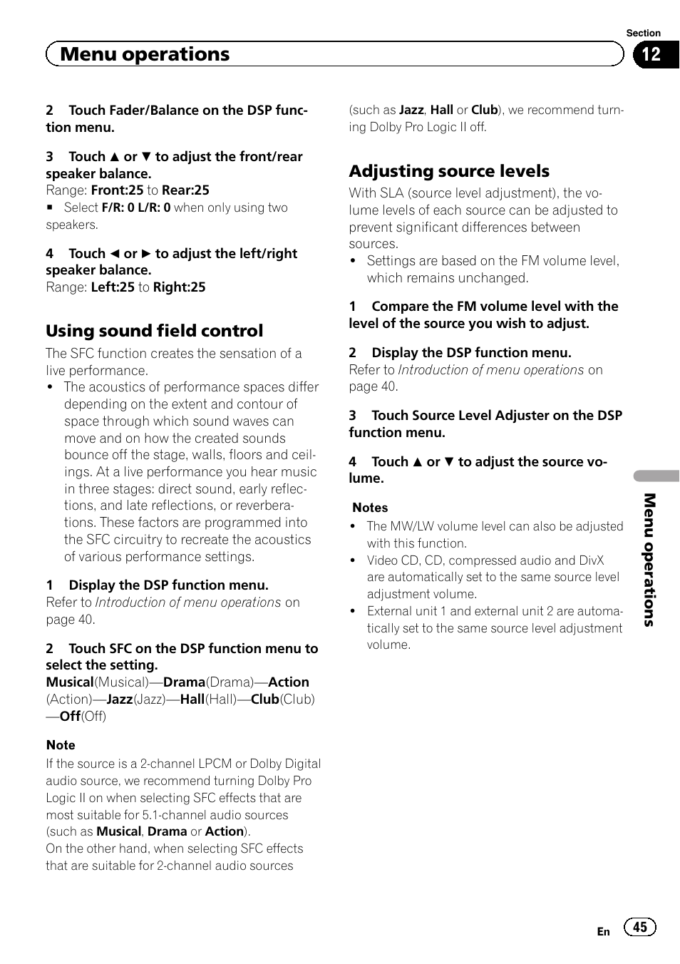 Menu operations, Using sound field control, Adjusting source levels | Pioneer AVH-P6300BT User Manual | Page 45 / 104