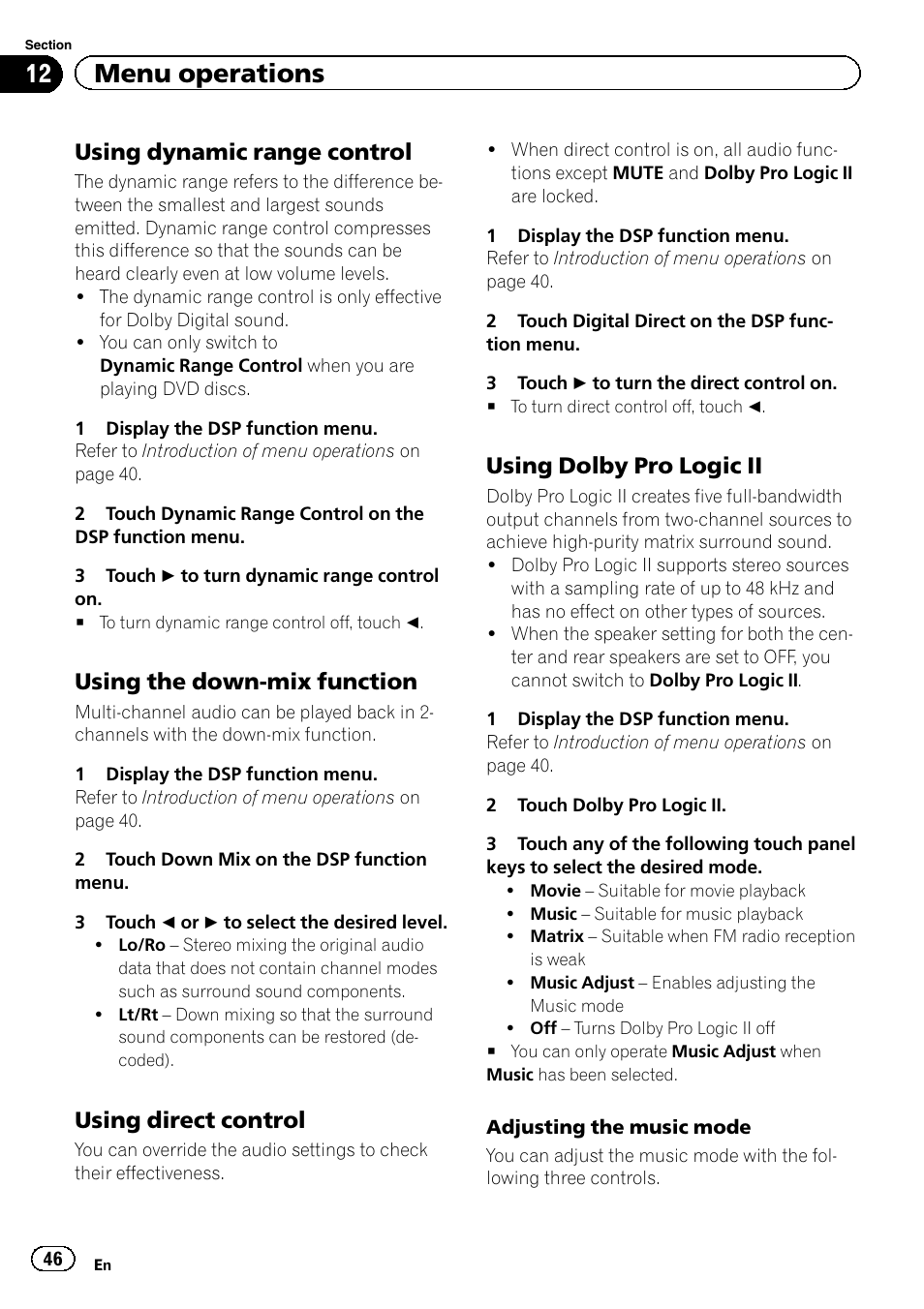 12 menu operations, Using dynamic range control, Using the down-mix function | Using direct control, Using dolby pro logic ii | Pioneer AVH-P6300BT User Manual | Page 46 / 104