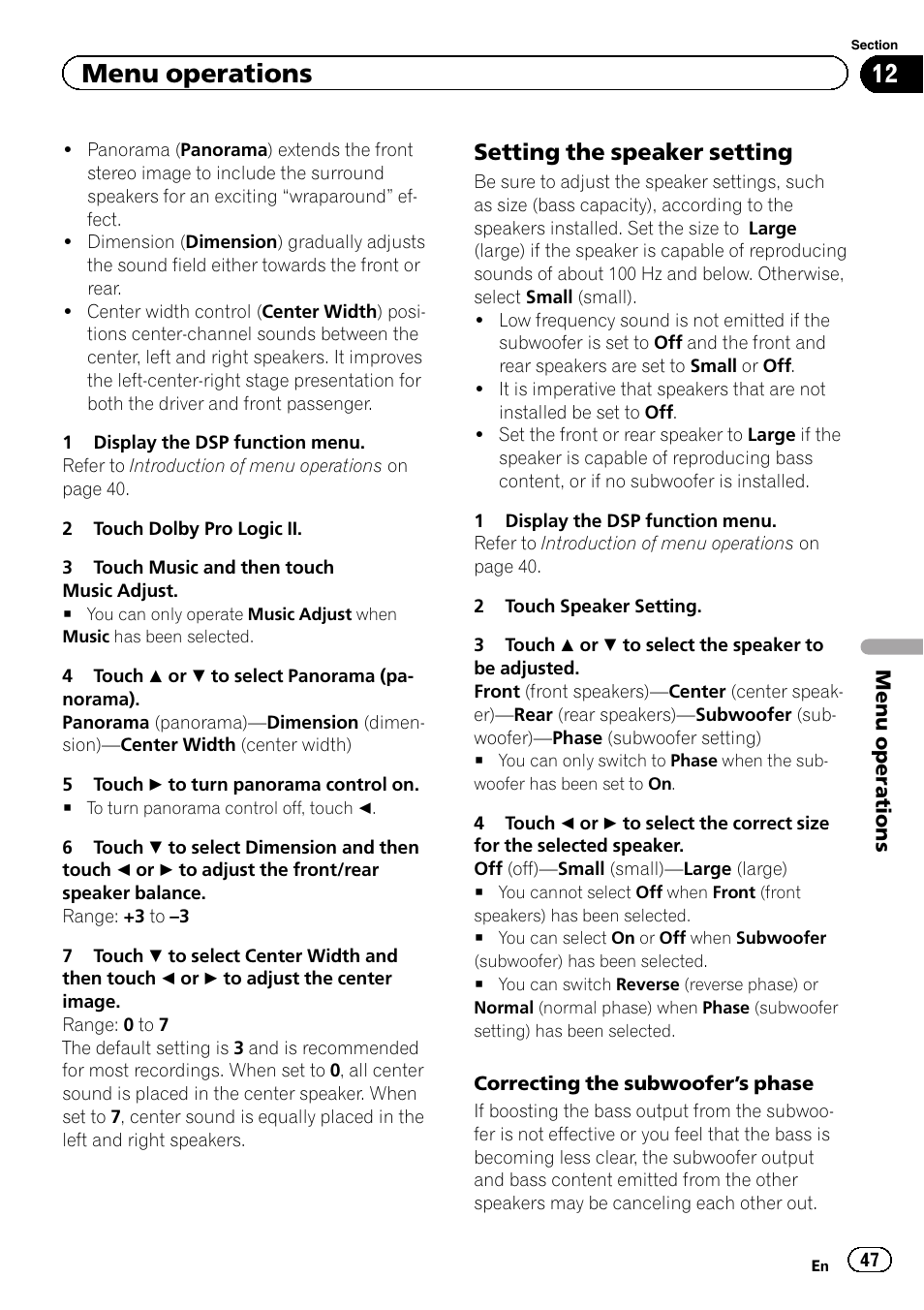 Setting the speaker setting, Menu operations | Pioneer AVH-P6300BT User Manual | Page 47 / 104