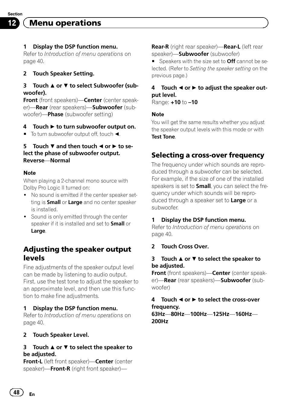 Selecting a cross-over frequency, Adjusting the speaker output levels, 12 menu operations | Pioneer AVH-P6300BT User Manual | Page 48 / 104