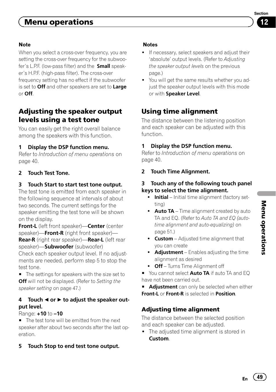 Adjusting time alignment, Menu operations, Using time alignment | Pioneer AVH-P6300BT User Manual | Page 49 / 104