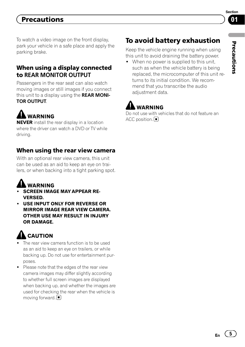 To avoid battery exhaustion, Precautions | Pioneer AVH-P6300BT User Manual | Page 5 / 104