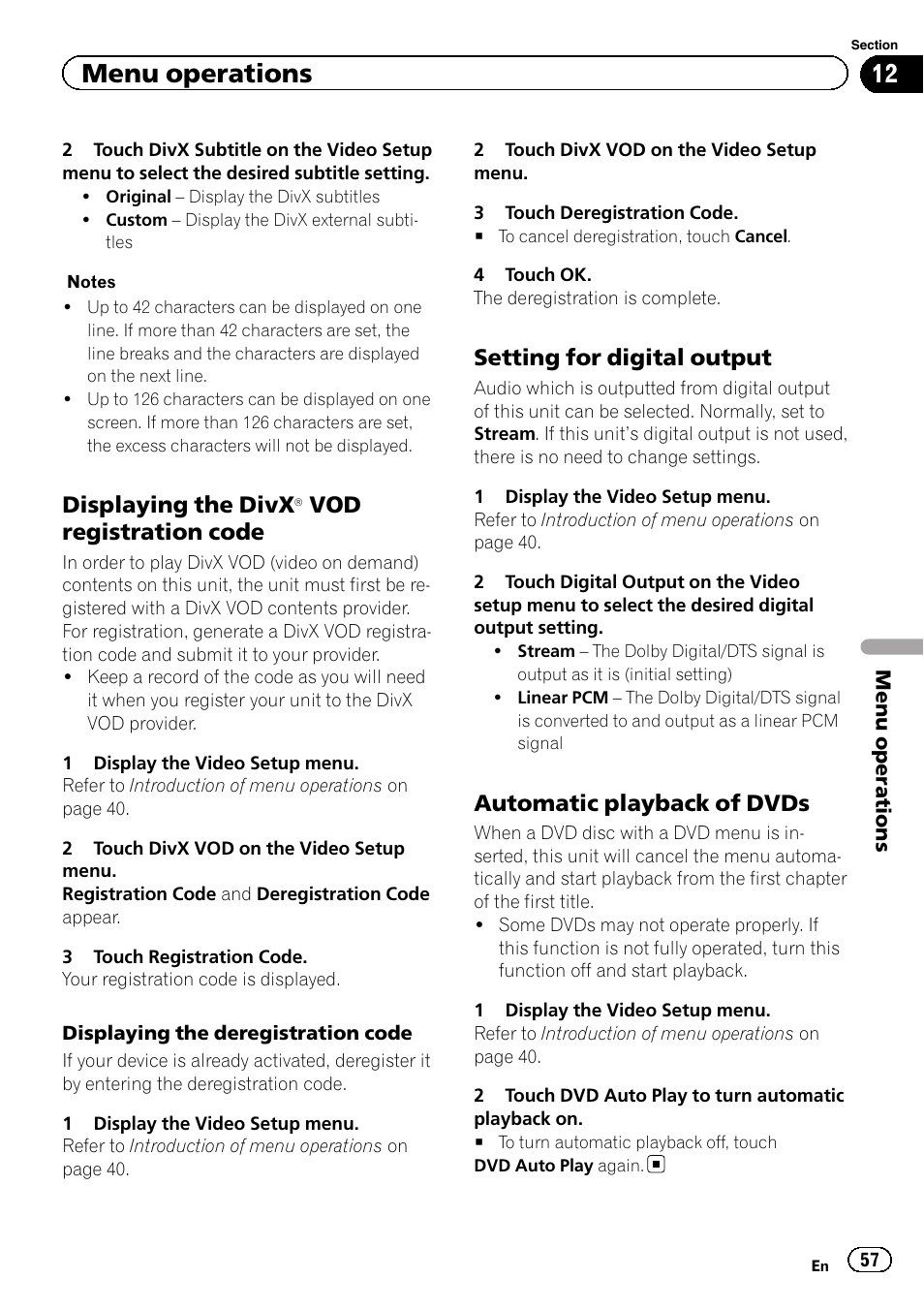Displaying the divx, Menu operations, Vod registration code | Setting for digital output, Automatic playback of dvds | Pioneer AVH-P6300BT User Manual | Page 57 / 104