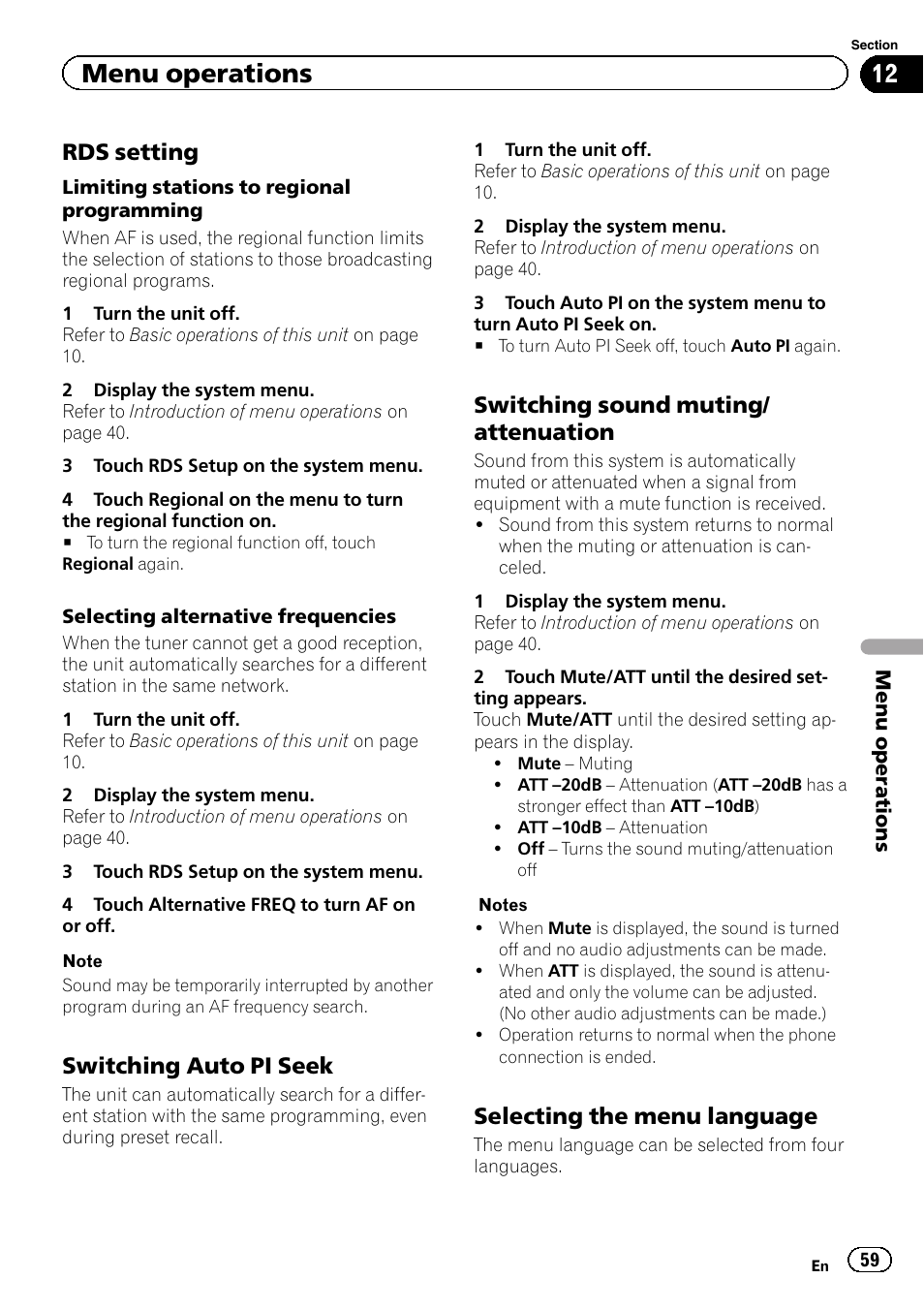 Menu operations, Rds setting, Switching auto pi seek | Switching sound muting/ attenuation, Selecting the menu language | Pioneer AVH-P6300BT User Manual | Page 59 / 104