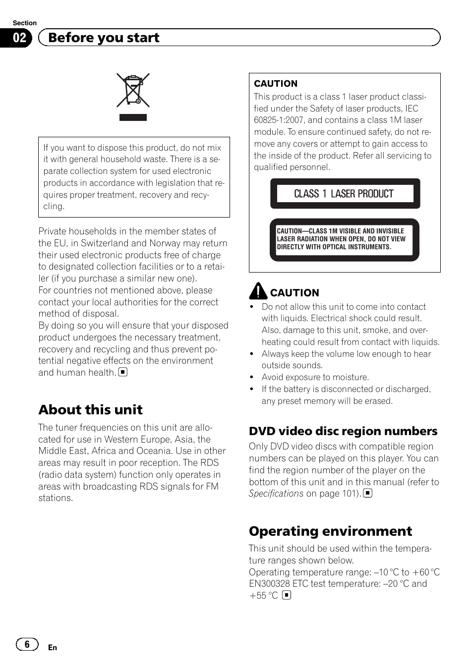 Dvd video disc region numbers 6, Before you start about this unit, Operating environment | About this unit, 02 before you start, Dvd video disc region numbers | Pioneer AVH-P6300BT User Manual | Page 6 / 104