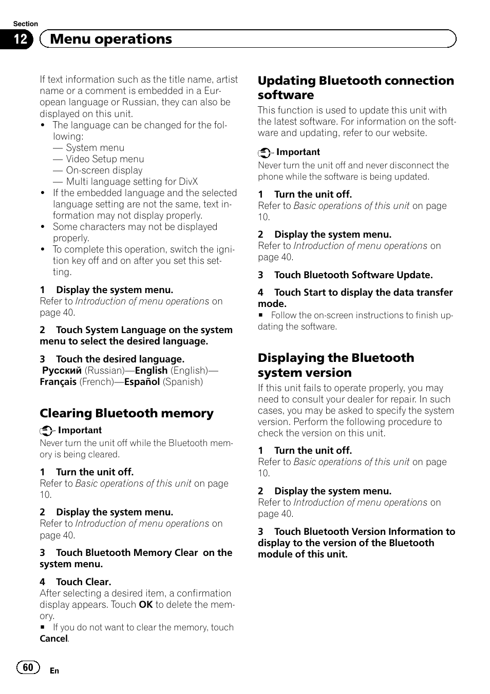 12 menu operations, Updating bluetooth connection software, Displaying the bluetooth system version | Pioneer AVH-P6300BT User Manual | Page 60 / 104