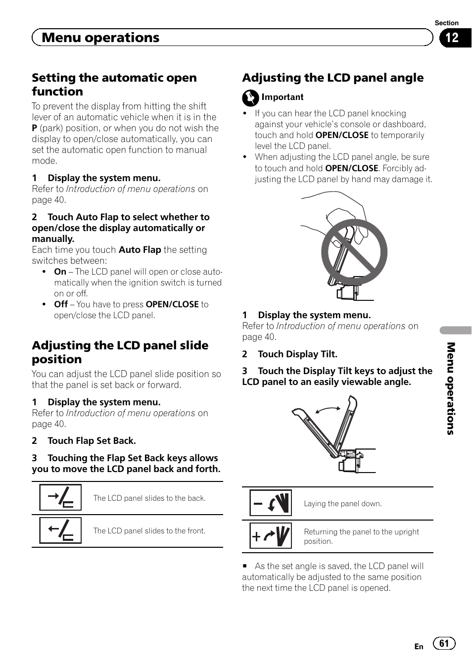 Menu operations, Setting the automatic open function, Adjusting the lcd panel slide position | Adjusting the lcd panel angle | Pioneer AVH-P6300BT User Manual | Page 61 / 104