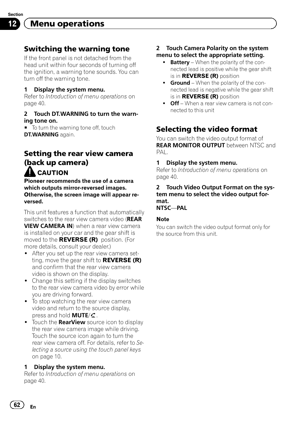 12 menu operations, Switching the warning tone, Setting the rear view camera (back up camera) | Selecting the video format | Pioneer AVH-P6300BT User Manual | Page 62 / 104