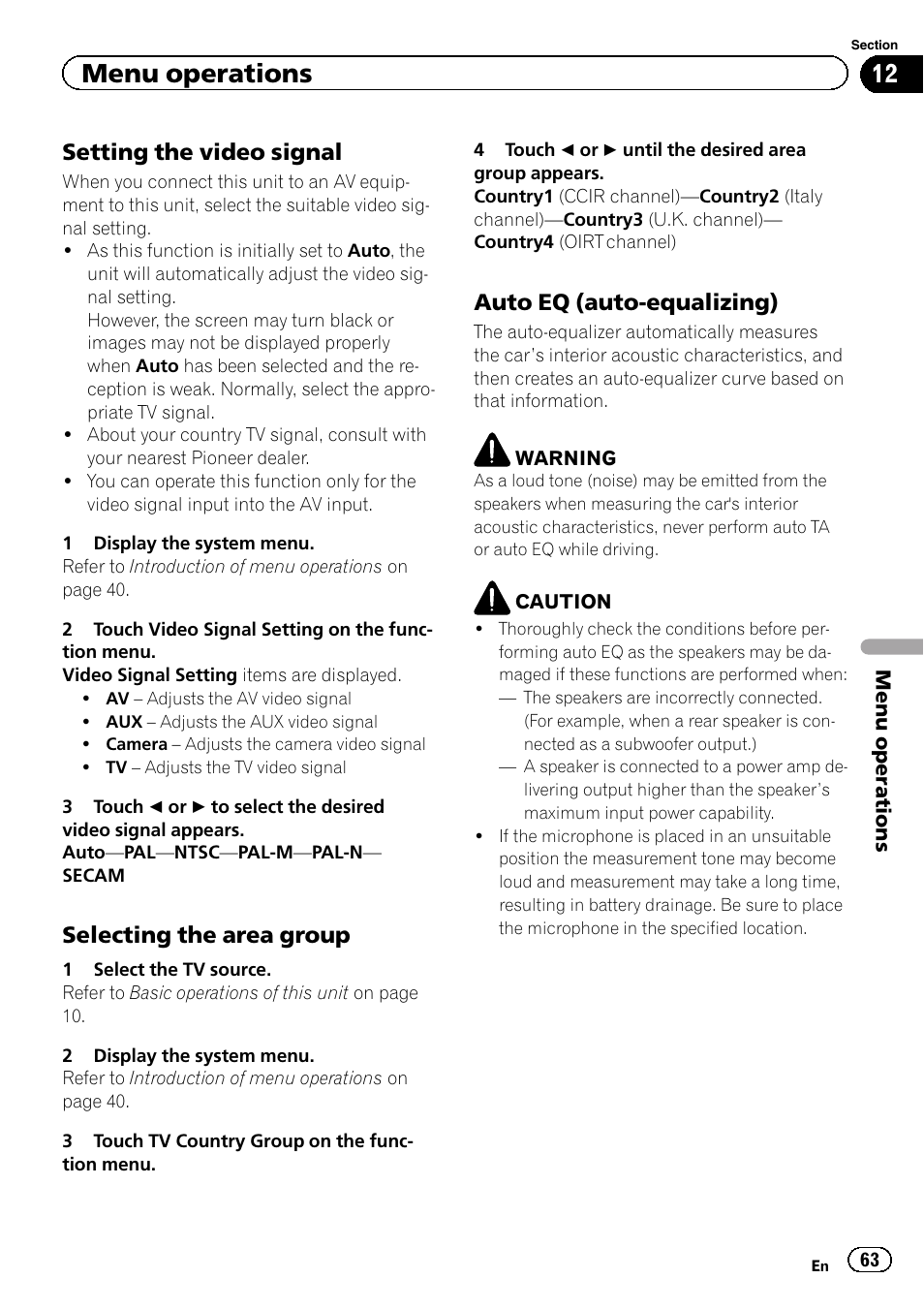 Menu operations, Setting the video signal, Selecting the area group | Auto eq (auto-equalizing) | Pioneer AVH-P6300BT User Manual | Page 63 / 104