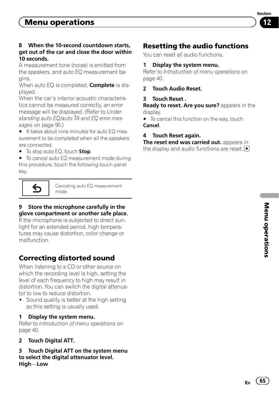 Menu operations, Correcting distorted sound, Resetting the audio functions | Pioneer AVH-P6300BT User Manual | Page 65 / 104
