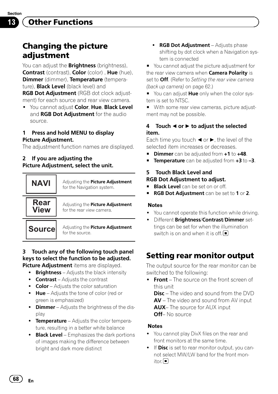 Other functions changing the picture adjustment, Setting rear monitor output, Changing the picture adjustment | Navi, Rear view, Source, 13 other functions | Pioneer AVH-P6300BT User Manual | Page 68 / 104