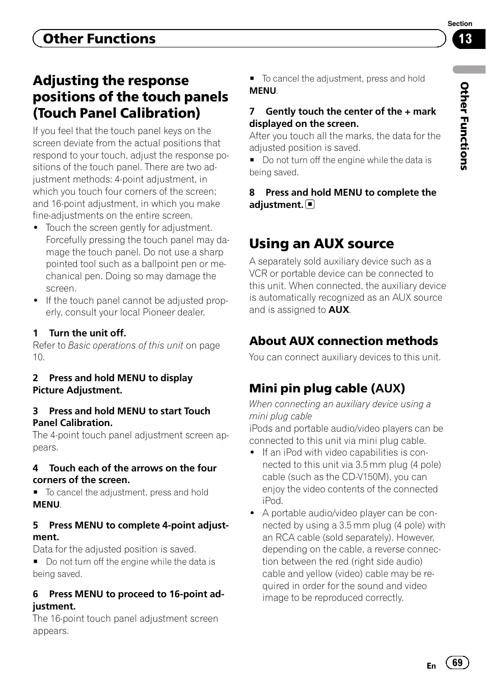 Adjusting the response positions of the, Touch panels (touch panel calibration), Using an aux source | Other functions | Pioneer AVH-P6300BT User Manual | Page 69 / 104