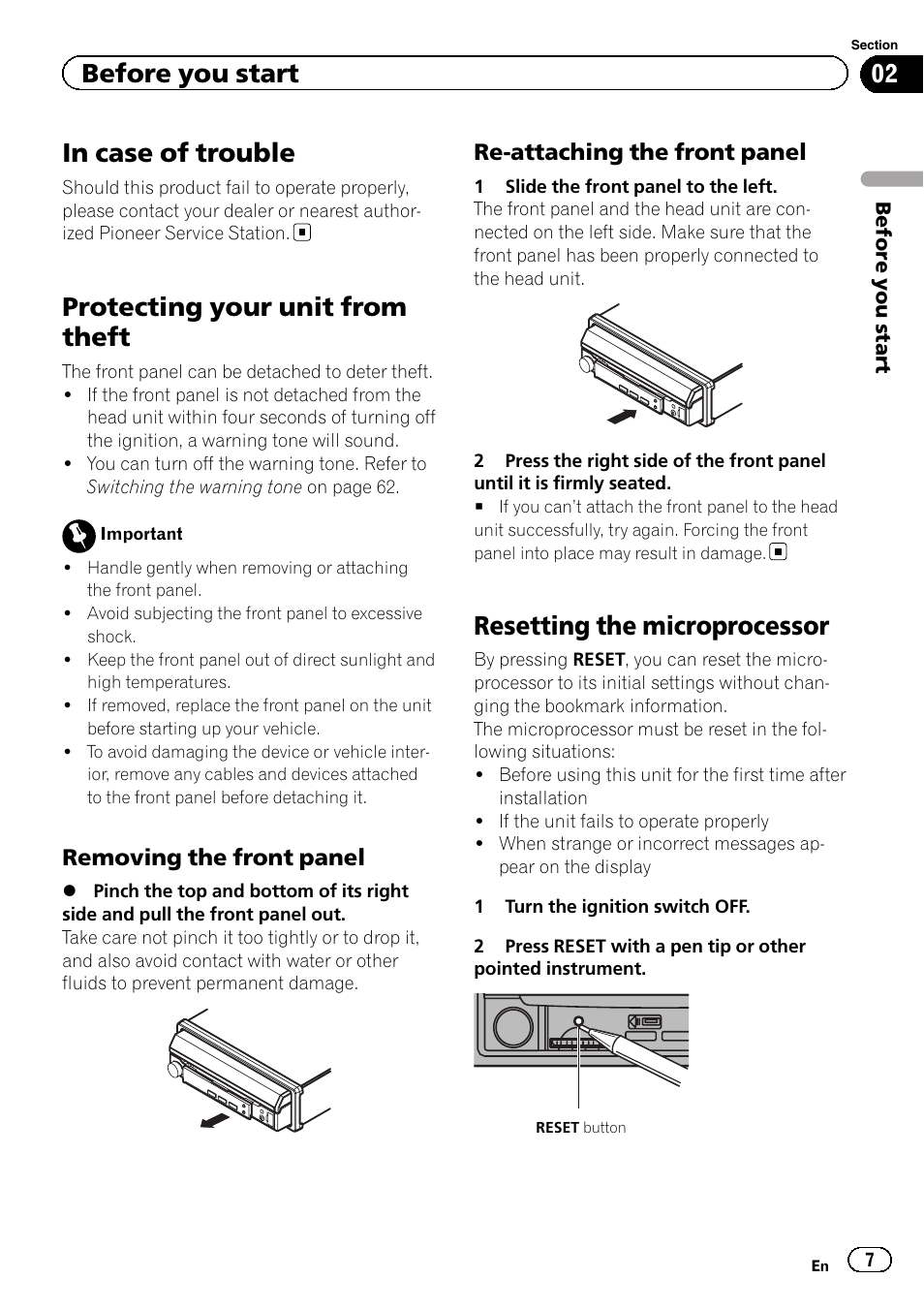 In case of trouble, Protecting your unit from theft, Resetting the microprocessor | Before you start | Pioneer AVH-P6300BT User Manual | Page 7 / 104