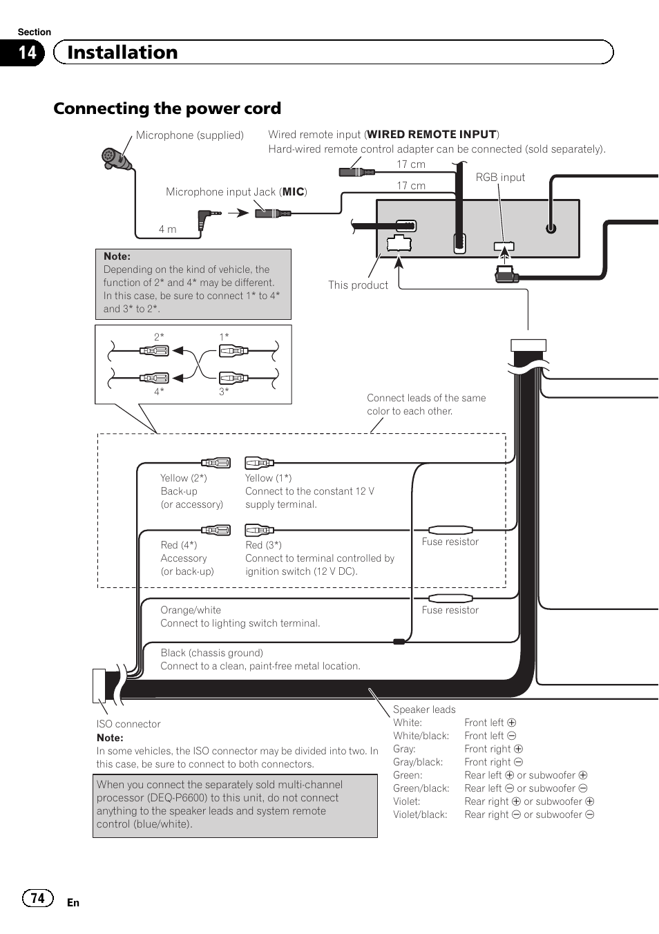 14 installation, Connecting the power cord | Pioneer AVH-P6300BT User Manual | Page 74 / 104