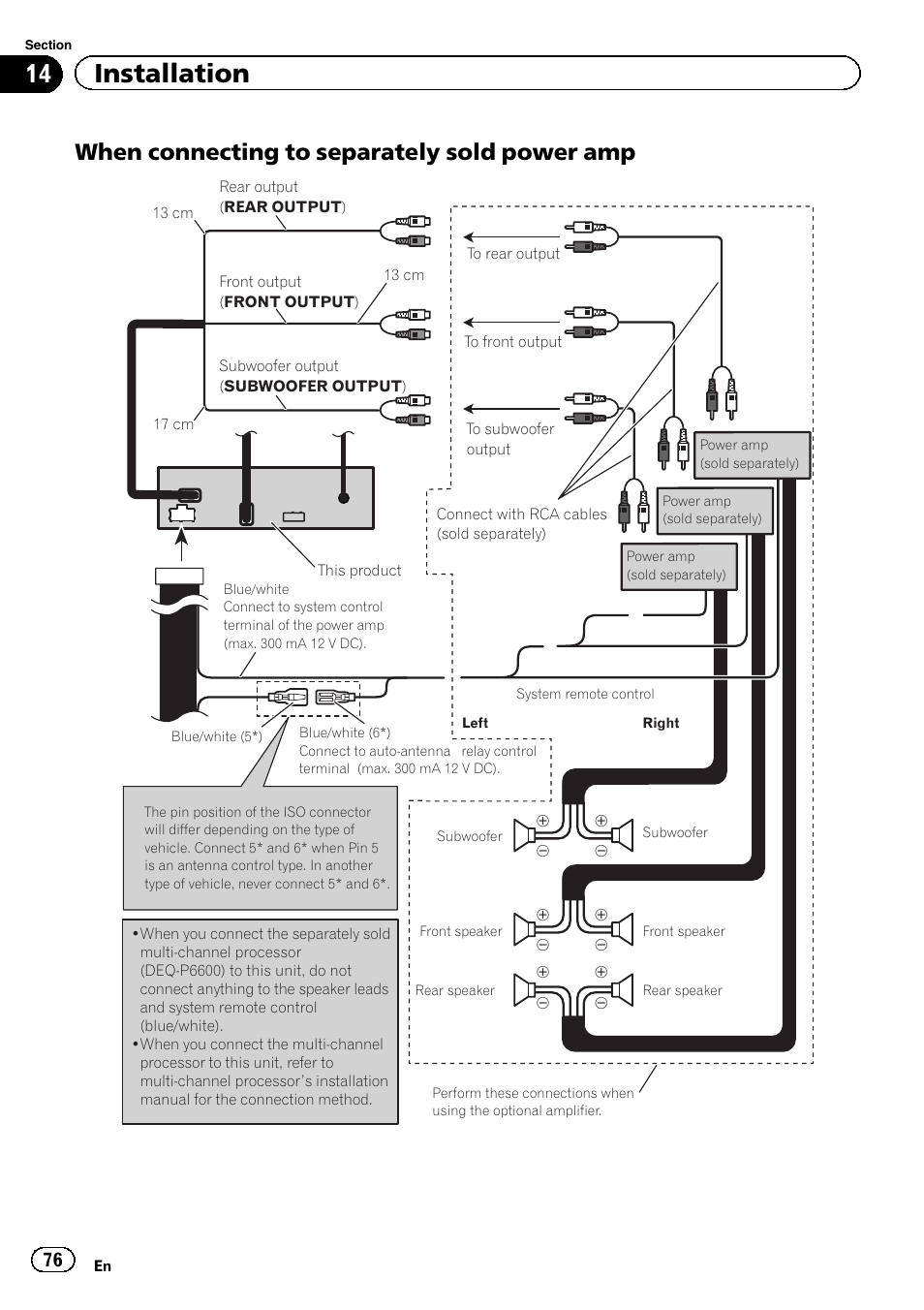 14 installation, When connecting to separately sold power amp | Pioneer AVH-P6300BT User Manual | Page 76 / 104