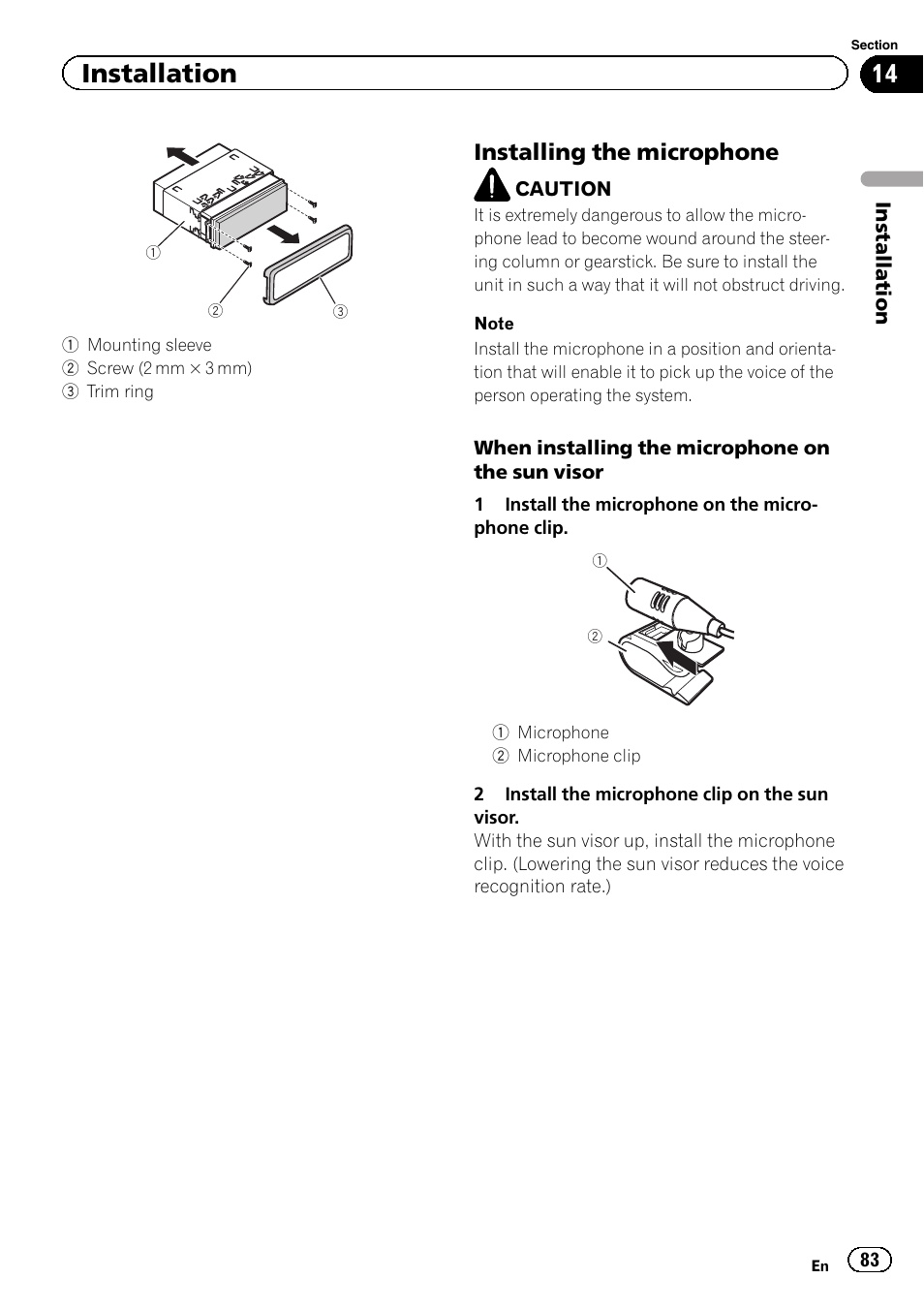 Installation, Installing the microphone | Pioneer AVH-P6300BT User Manual | Page 83 / 104