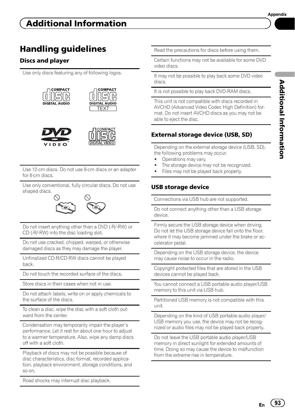 Handling guidelines 93, Handling guidelines, Additional information | Pioneer AVH-P6300BT User Manual | Page 93 / 104