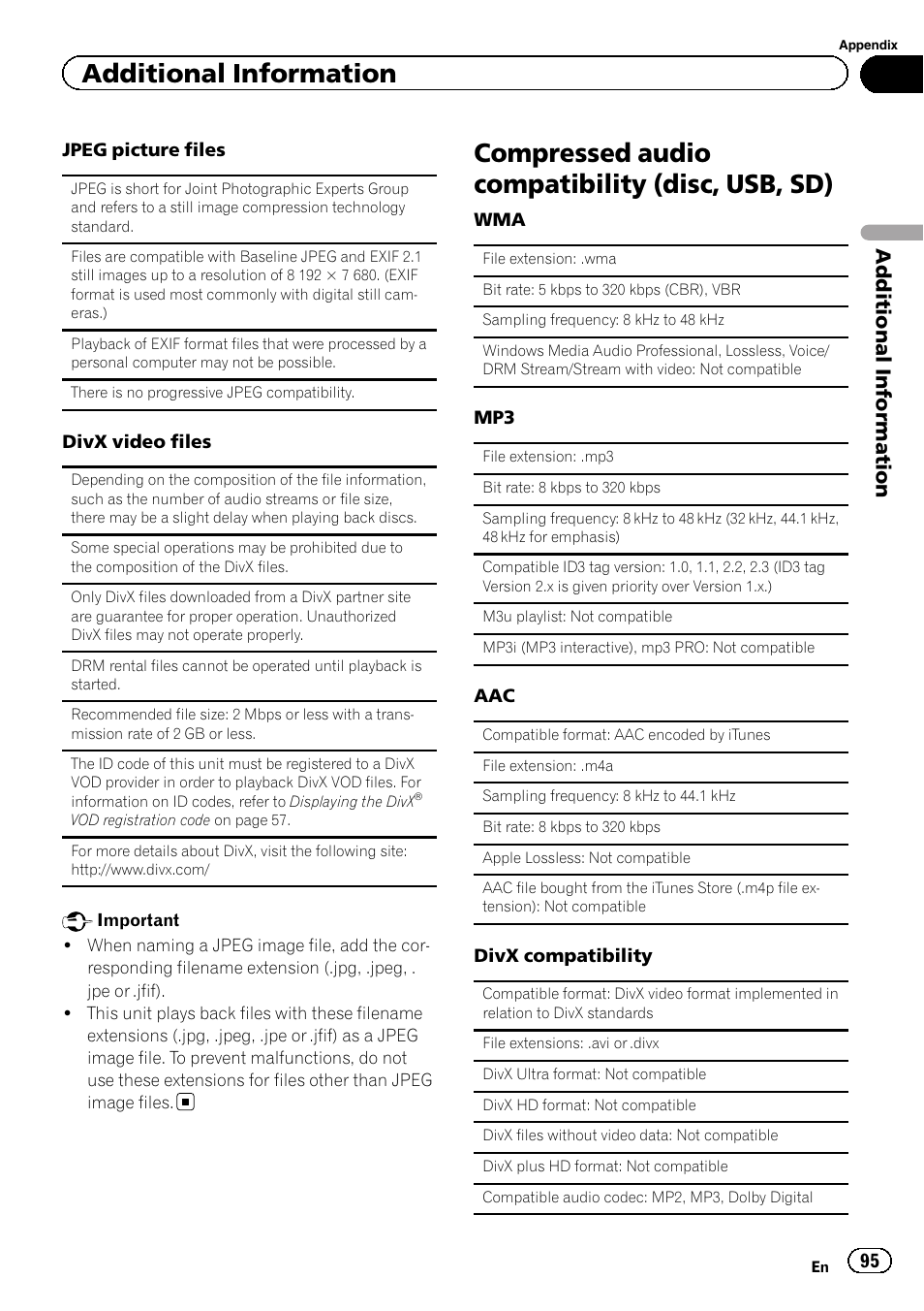 Compressed audio compatibility (disc, usb, Compressed audio compatibility (disc, usb, sd), Additional information | Pioneer AVH-P6300BT User Manual | Page 95 / 104