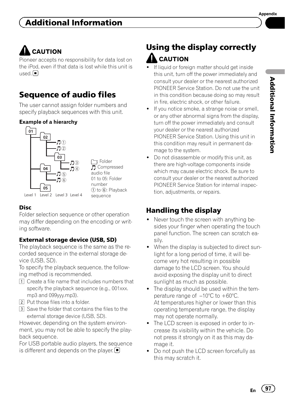 Sequence of audio files, Using the display correctly, Additional information | Handling the display | Pioneer AVH-P6300BT User Manual | Page 97 / 104