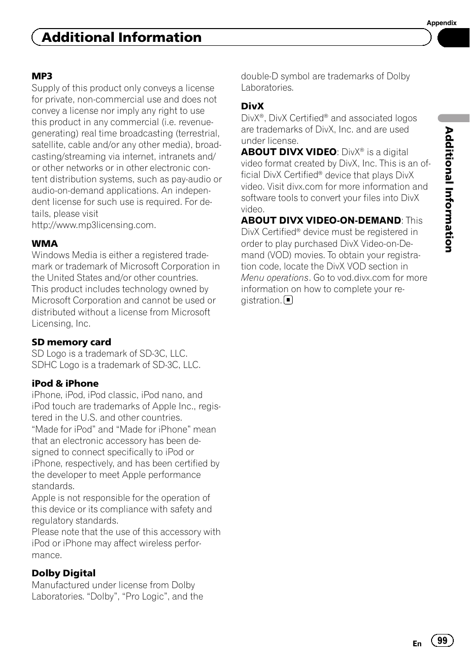 Additional information | Pioneer AVH-P6300BT User Manual | Page 99 / 104