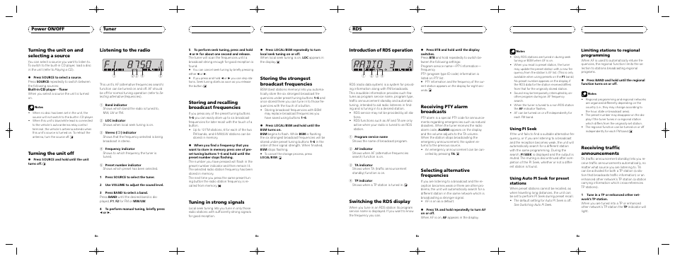 Turning the unit on and selecting a source, Turning the unit off, Listening to the radio | Power on/off tuner, Storing and recalling broadcast frequencies, Tuning in strong signals, Storing the strongest broadcast frequencies, Introduction of rds operation, Switching the rds display, Receiving pty alarm broadcasts | Pioneer DEH-1730R User Manual | Page 2 / 8