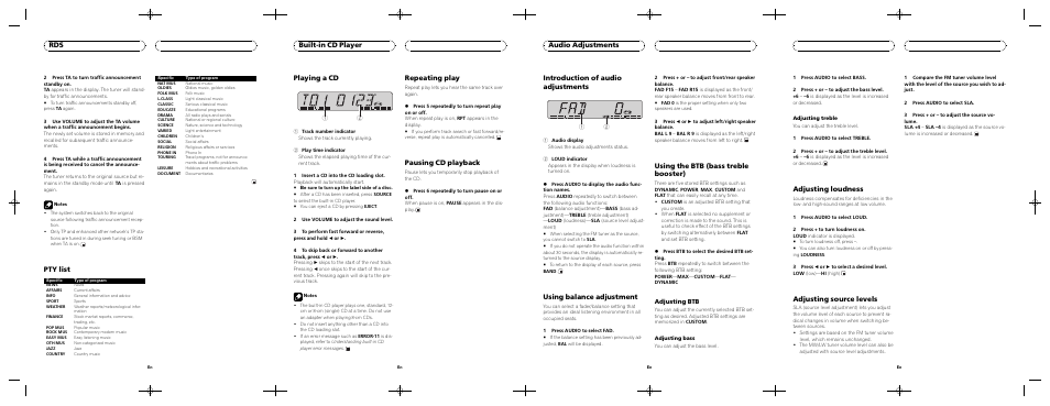 Pty list, Playing a cd, Repeating play | Pausing cd playback, Built-in cd player, Introduction of audio adjustments, Using balance adjustment, Using the btb (bass treble booster), Audio adjustments, Adjusting loudness | Pioneer DEH-1730R User Manual | Page 3 / 8