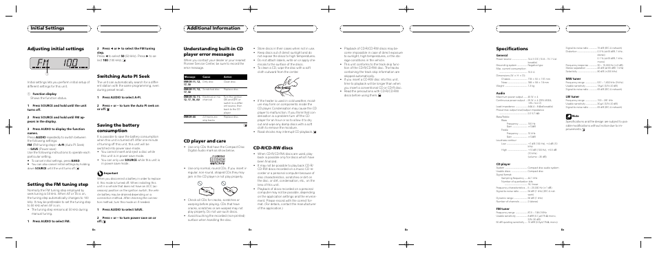 Adjusting initial settings, Setting the fm tuning step, Switching auto pi seek | Saving the battery consumption, Initial settings, Understanding built-in cd player error messages, Cd player and care, Cd-r/cd-rw discs, Additional information, Specifications | Pioneer DEH-1730R User Manual | Page 4 / 8