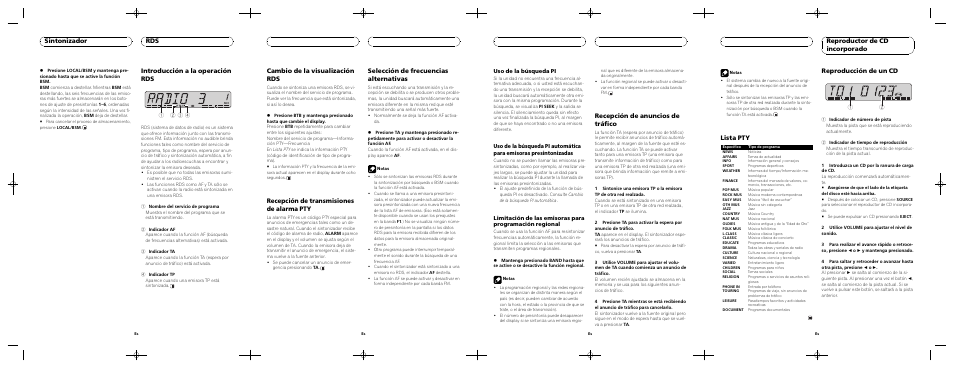 Introducción a la operación rds, Sintonizador rds, Cambio de la visualización rds | Recepción de transmisiones de alarma pty, Selección de frecuencias alternativas, Recepción de anuncios de tráfico, Lista pty, Reproducción de un cd, Reproductor de cd incorporado | Pioneer DEH-1730R User Manual | Page 6 / 8