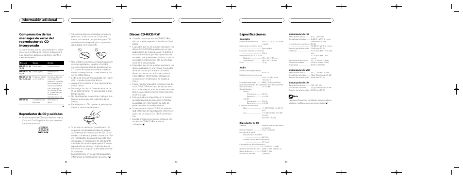 Reproductor de cd y cuidados, Información adicional, Discos cd-r/cd-rw | Especificaciones | Pioneer DEH-1730R User Manual | Page 8 / 8