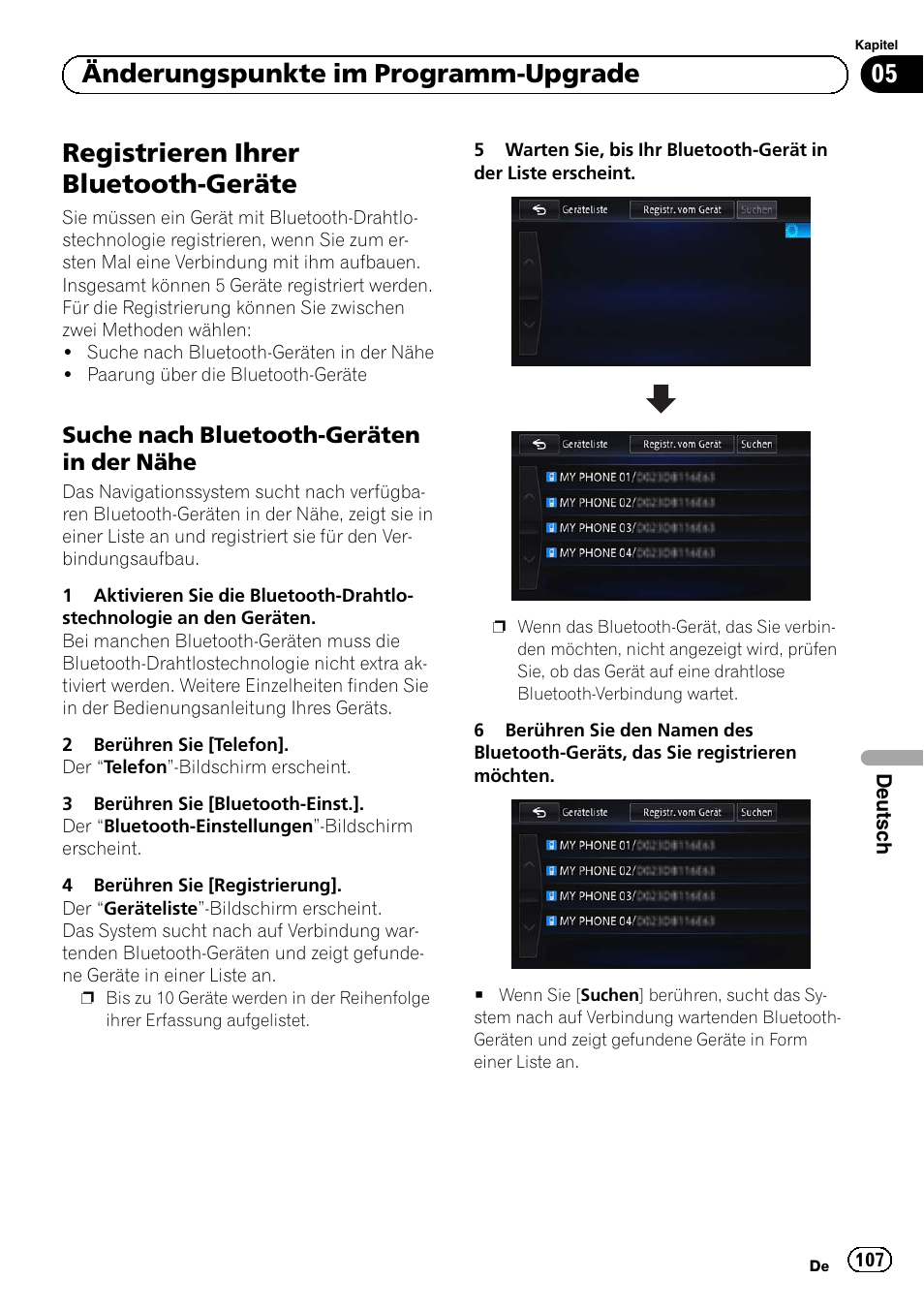 Registrieren ihrer bluetooth-geräte, Suche nach bluetooth-geräten in der, Nähe | Registrieren ihrer, Bluetooth-geräte auf seite 107, 05 änderungspunkte im programm-upgrade, Suche nach bluetooth-geräten in der nähe | Pioneer AVIC-F50BT User Manual | Page 107 / 132