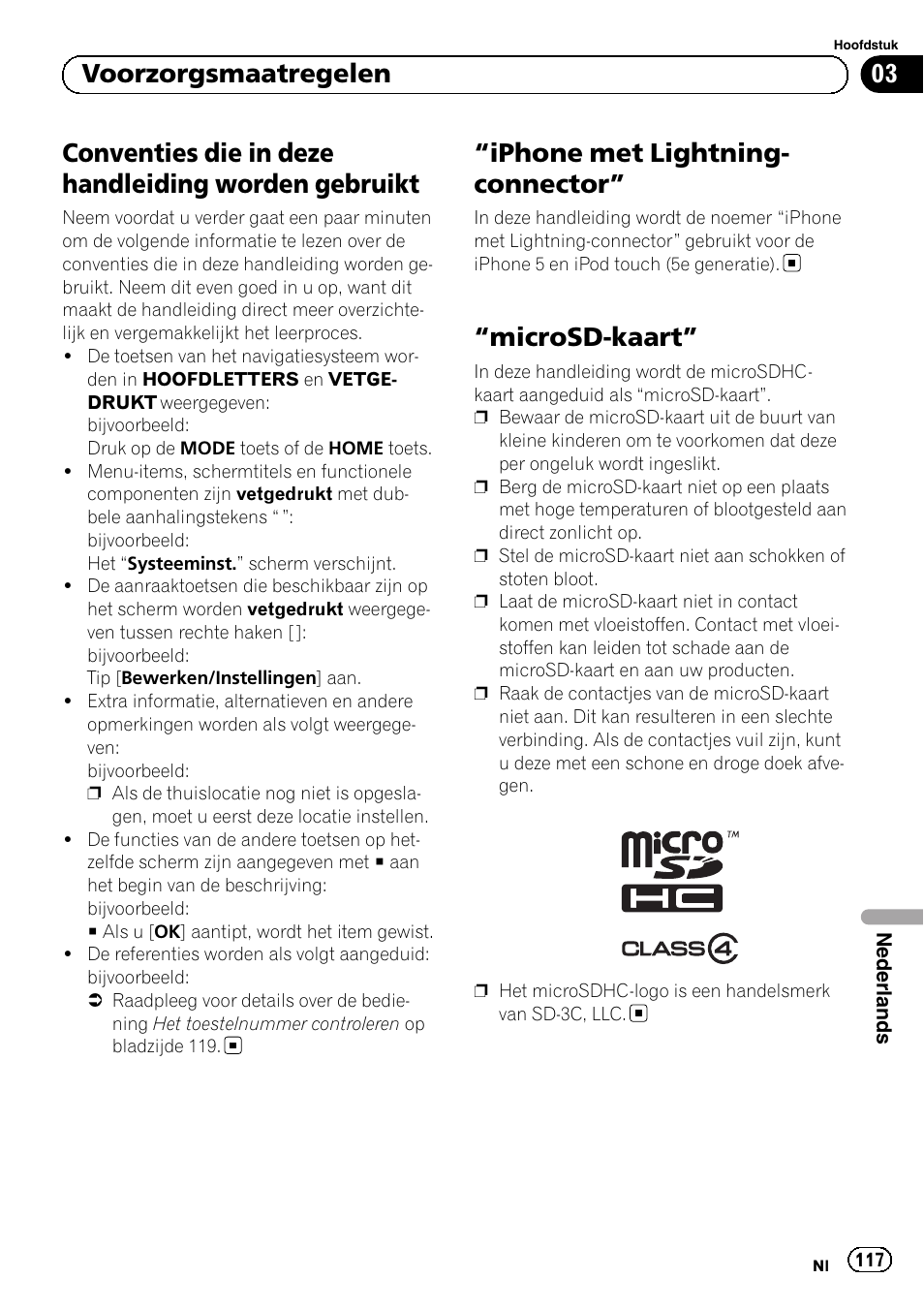 Conventies die in deze handleiding worden, Gebruikt, Iphone met lightning-connector” 117 | Microsd-kaart” 117, Conventies die in deze handleiding worden gebruikt, Iphone met lightning- connector, Microsd-kaart, 03 voorzorgsmaatregelen | Pioneer AVIC-F50BT User Manual | Page 117 / 132