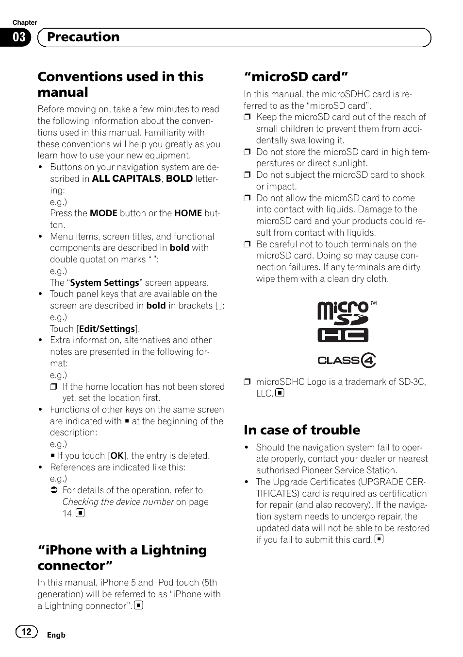 Conventions used in this manual, Iphone with a lightning connector, Microsd card | 03 precaution | Pioneer AVIC-F50BT User Manual | Page 12 / 132
