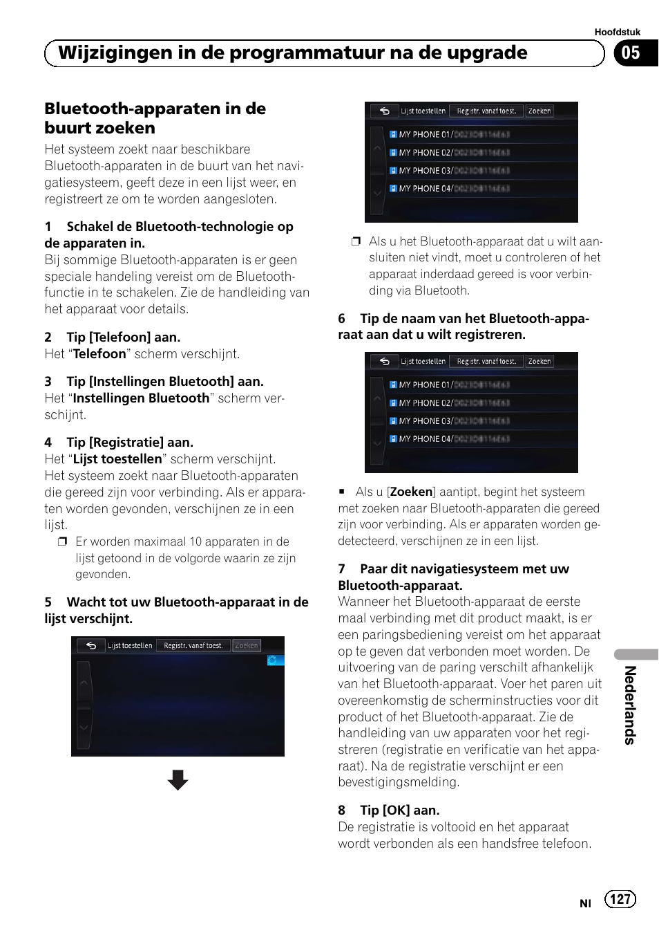 Bluetooth-apparaten in de buurt, Zoeken, 05 wijzigingen in de programmatuur na de upgrade | Bluetooth-apparaten in de buurt zoeken | Pioneer AVIC-F50BT User Manual | Page 127 / 132
