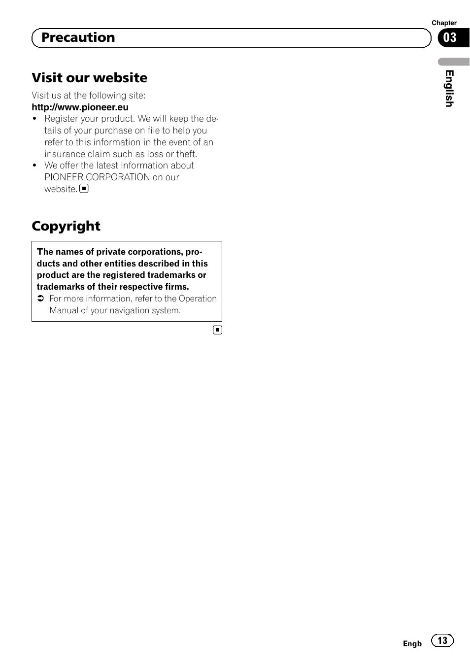 Visit our website, Copyright, 03 precaution | Pioneer AVIC-F50BT User Manual | Page 13 / 132