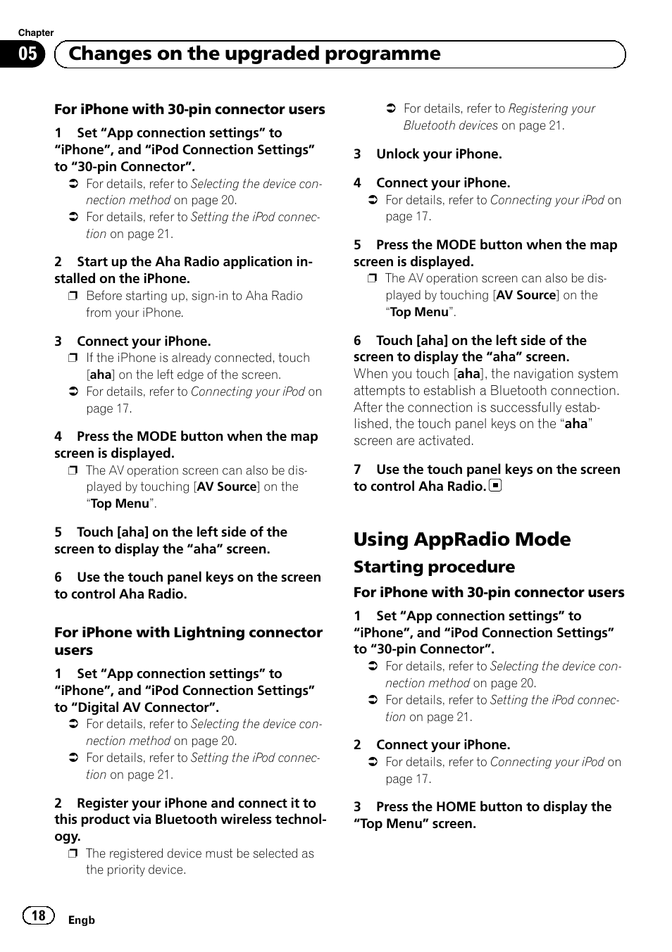 Using appradio mode, Starting procedure 18, 05 changes on the upgraded programme | Starting procedure | Pioneer AVIC-F50BT User Manual | Page 18 / 132