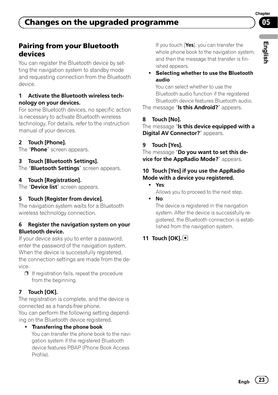 Pairing from your bluetooth, Devices, 05 changes on the upgraded programme | Pairing from your bluetooth devices | Pioneer AVIC-F50BT User Manual | Page 23 / 132