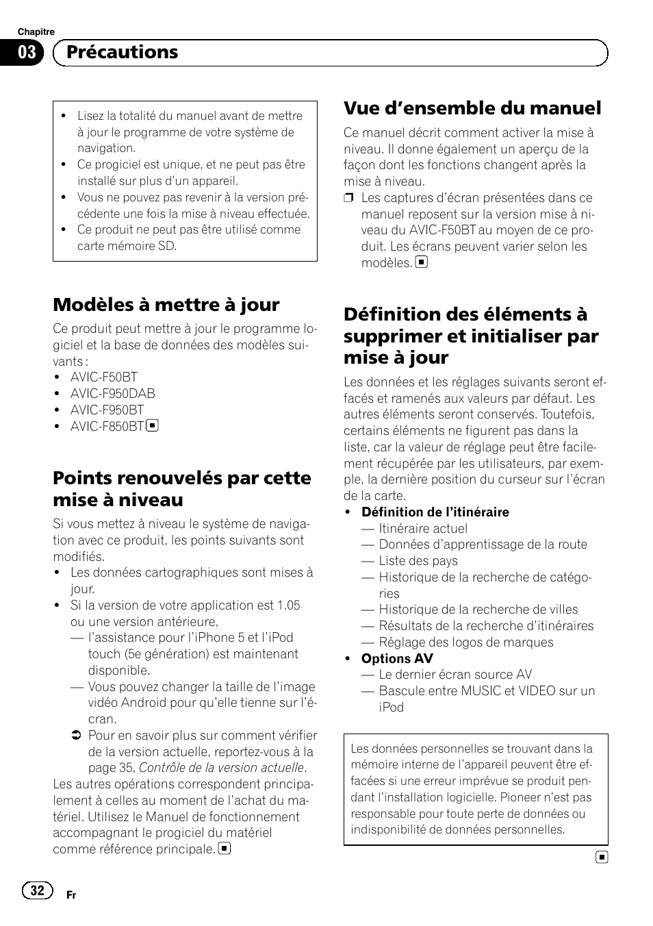 Précautions modèles à mettre à jour, Points renouvelés par cette mise à, Niveau | Vue d, Ensemble du manuel 32, Définition des éléments à supprimer et, Initialiser par mise à jour, Modèles à mettre à jour, Points renouvelés par cette mise à niveau, Vue d ’ensemble du manuel | Pioneer AVIC-F50BT User Manual | Page 32 / 132