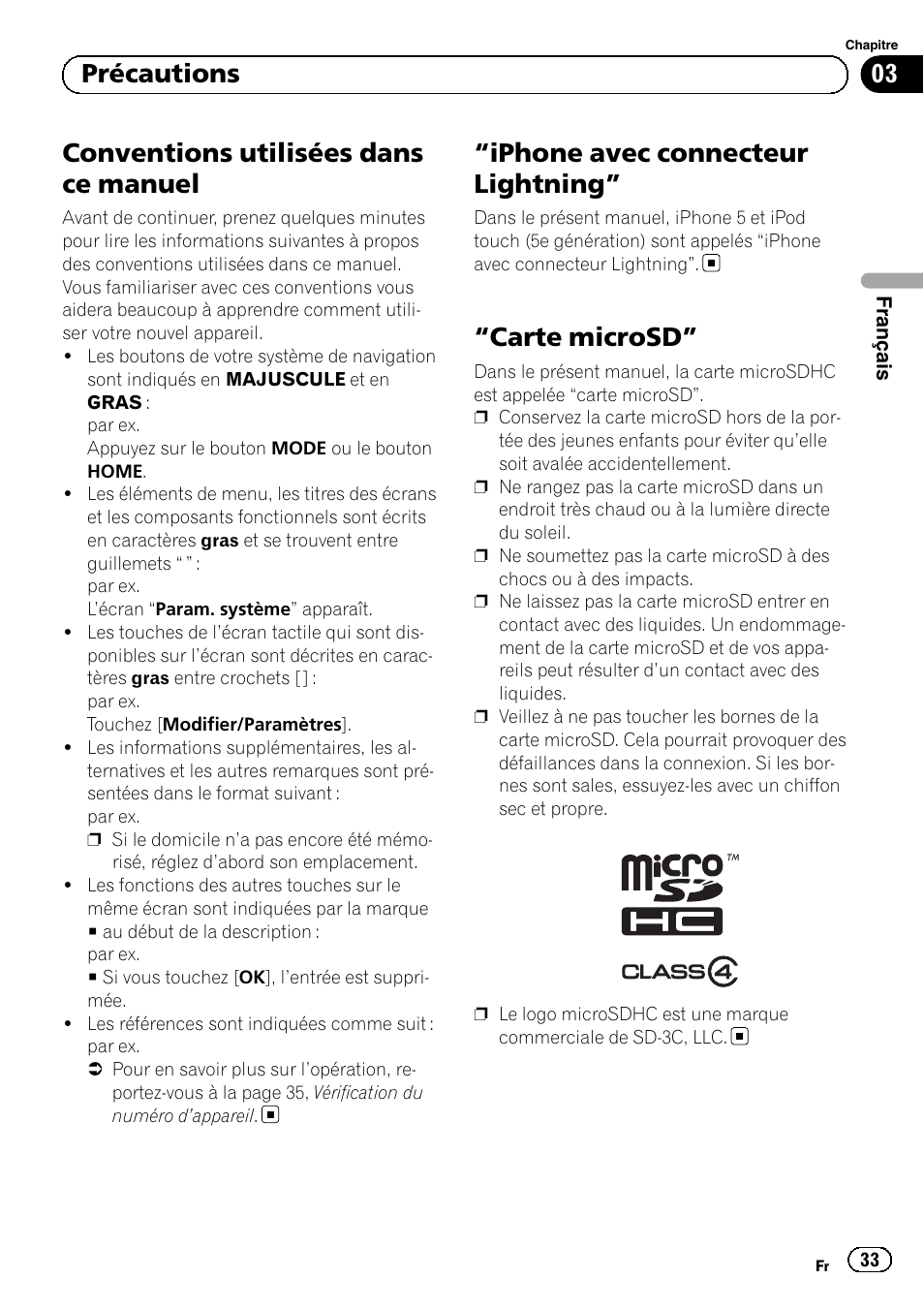 Conventions utilisées dans ce manuel, Iphone avec connecteur lightning” 33, Carte microsd” 33 | Iphone avec connecteur lightning, Carte microsd, 03 précautions | Pioneer AVIC-F50BT User Manual | Page 33 / 132
