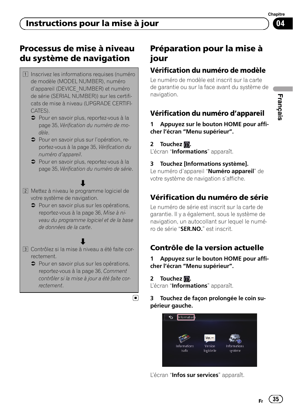 Navigation, Préparation pour la mise à jour, Vérification du numéro de modèle 35 | Vérification du numéro d’appareil 35, Vérification du numéro de série 35, Contrôle de la version actuelle 35, 04 instructions pour la mise à jour | Pioneer AVIC-F50BT User Manual | Page 35 / 132