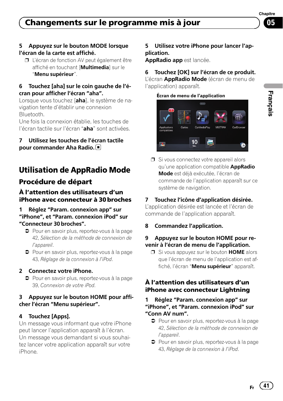 Utilisation de appradio mode, Procédure de départ 41, 05 changements sur le programme mis à jour | Procédure de départ | Pioneer AVIC-F50BT User Manual | Page 41 / 132