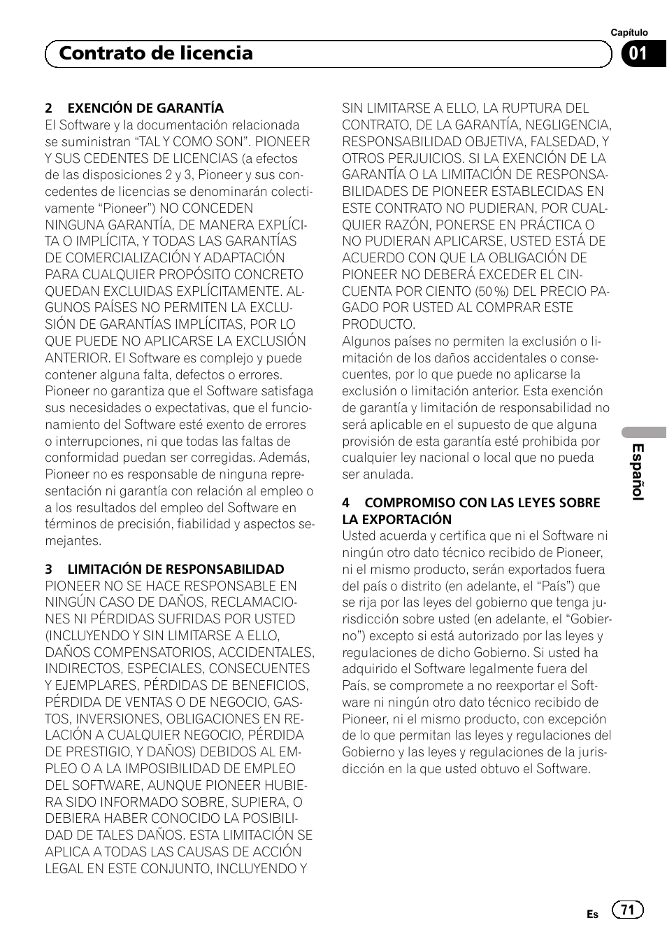 01 contrato de licencia | Pioneer AVIC-F50BT User Manual | Page 71 / 132