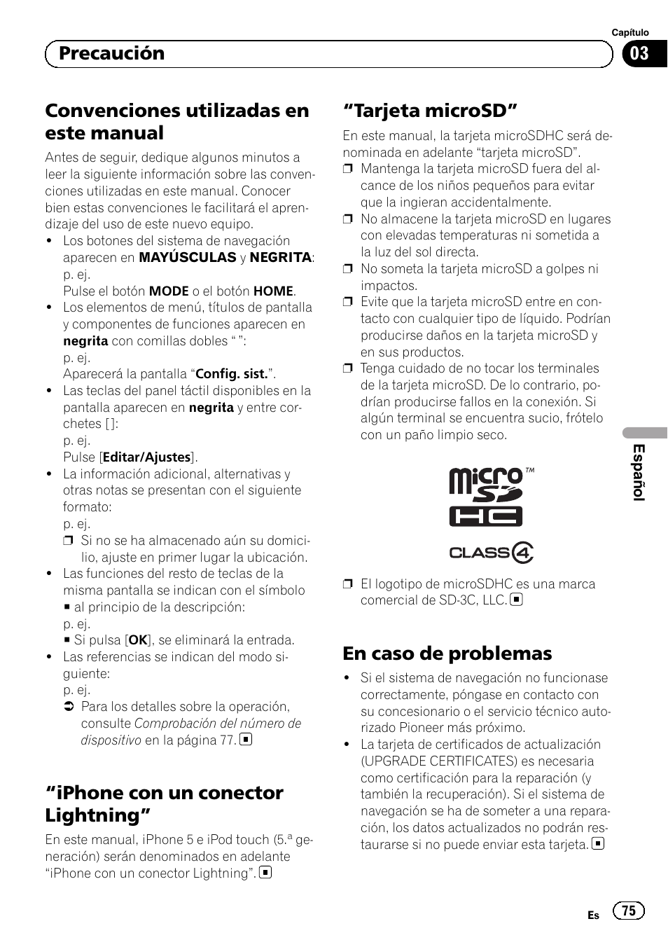 Convenciones utilizadas en este manual, Iphone con un conector lightning” 75, Tarjeta microsd” 75 en caso de problemas | Iphone con un conector lightning, Tarjeta microsd, En caso de problemas, 03 precaución | Pioneer AVIC-F50BT User Manual | Page 75 / 132