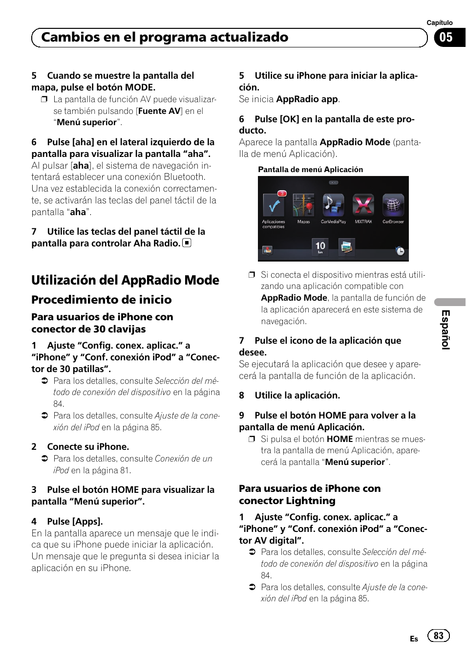 Utilización del appradio mode, Procedimiento de inicio 83, 05 cambios en el programa actualizado | Procedimiento de inicio | Pioneer AVIC-F50BT User Manual | Page 83 / 132