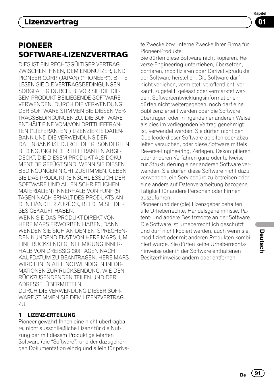 Lizenzvertrag pioneer software-lizenzvertrag, Pioneer software-lizenzvertrag, 01 lizenzvertrag | Pioneer AVIC-F50BT User Manual | Page 91 / 132